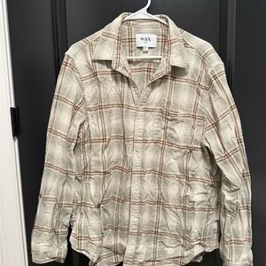 Wax Men's Casual Plaid Button Down Shirt - Cream and Brown